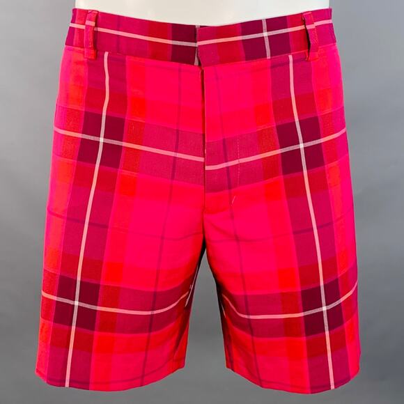 MR TURK Size 36 Red Fuchsia Plaid Polyester Blend Zip Fly Shorts - Picture 1 of 5